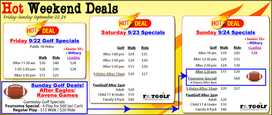 Chesapeake Bay Golf Club Fri-Mon Weekend Specials 9/22-24